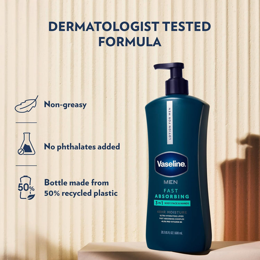 Vaseline Men'S Healing Moisture Hand & Body Lotion For Dry Or Cracked Skin Fast Absorbing Non-Greasy Lotion For Men 20.3 Oz, Pack Of 3