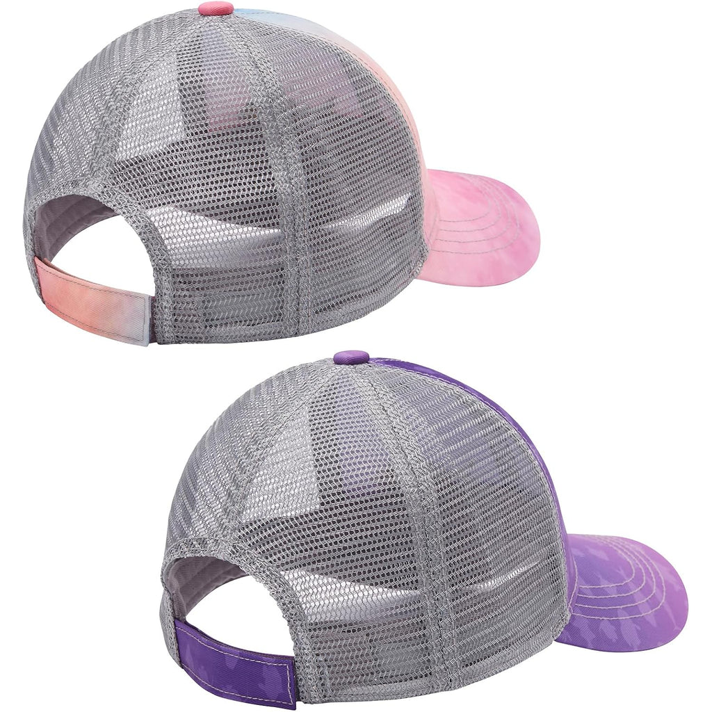 BASSDASH 2 Pack Altimate Fishing Hunting Hat Mesh Back for Men Women Adjustable Baseball Trucker Cap Camo Blaze Orange Rosy Clouds, Gradient Purple