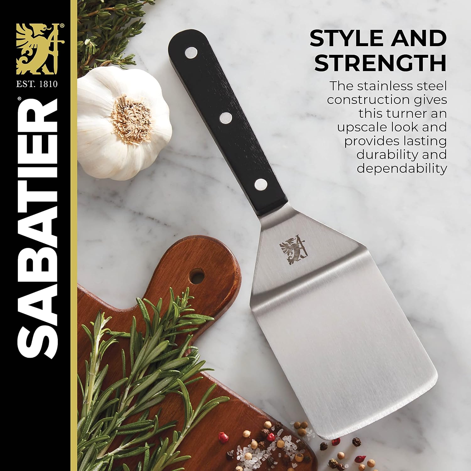 Sabatier Triple Rivet Stainless Steel Wide Turner, 9.65-Inch, Black,5154549