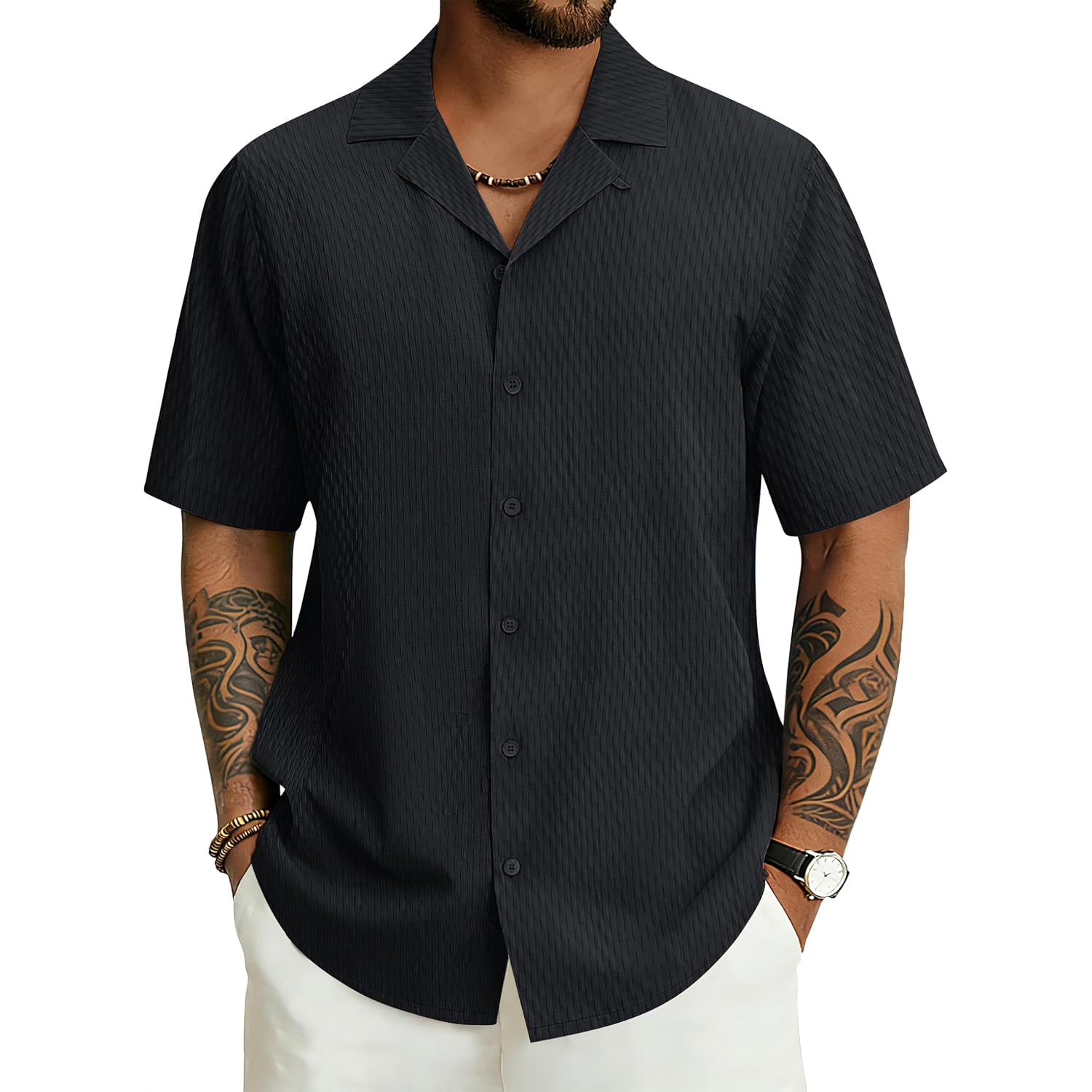 Cotrasen Men'S Casual Short Sleeve Button Down Shirt Cuban Textured Summer Beach Shirts