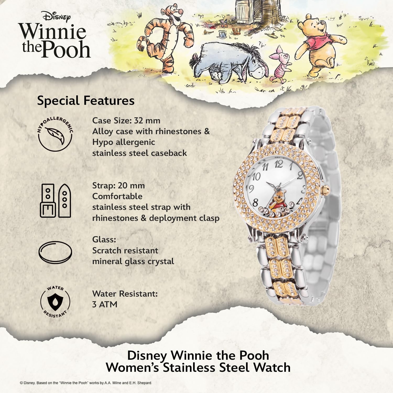 Disney Adult Round Cz Stone Analog Quartz Floating Stones Bracelet Watch