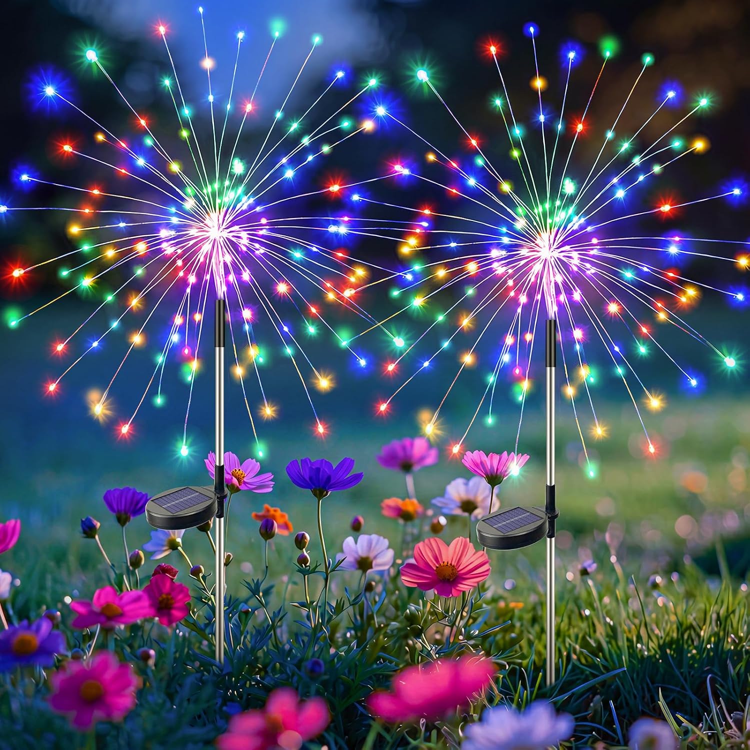Btfarm 2 Pack Solar Garden Lights Outdoor 8 Modes, 120 Led Firework Lights Solar Powered, Waterproof Twinkle Fairy Light Outside For Yard Pathway Lawn Pool Patio Christmas Decorative, Multicolor