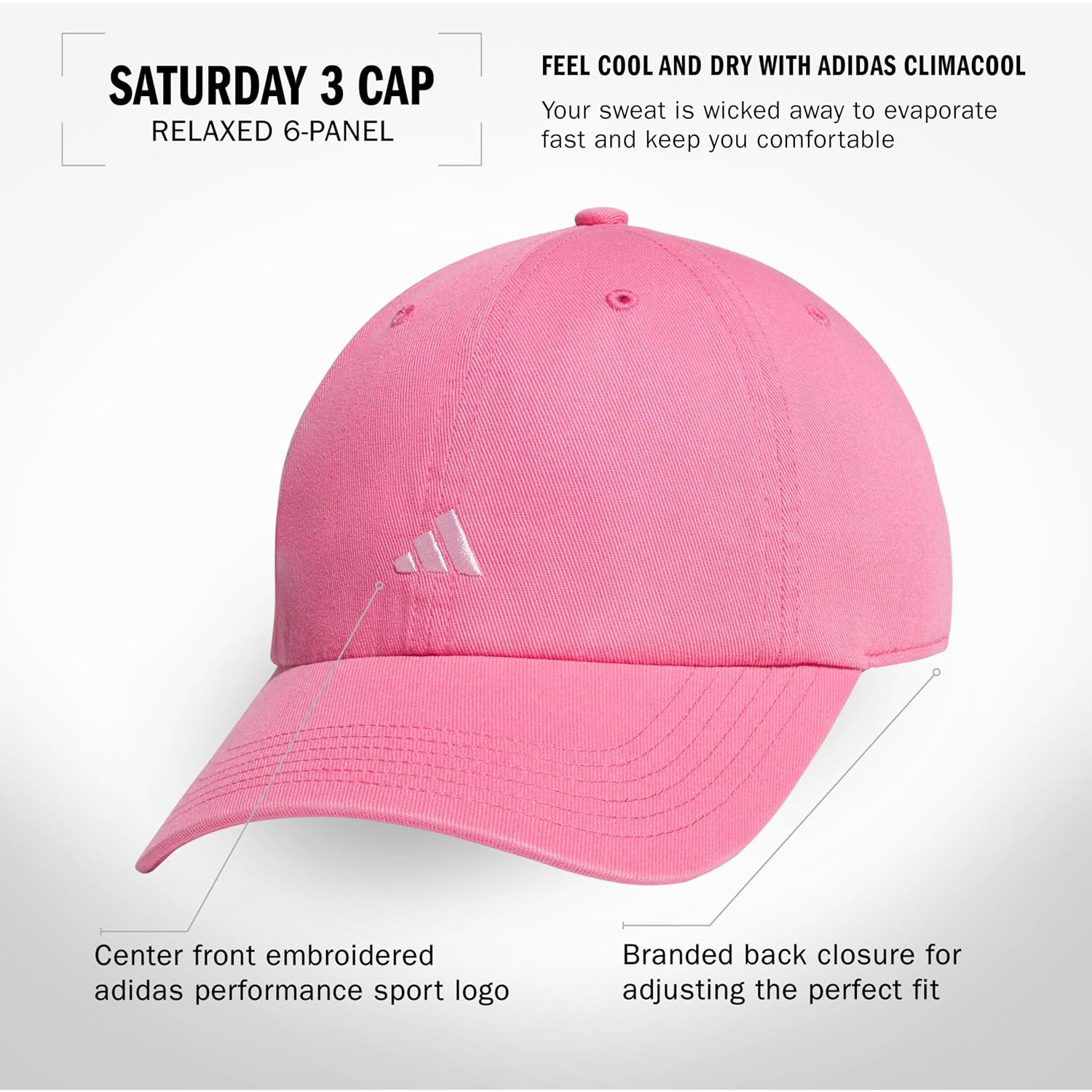 adidas Women's Saturday Hat – Relaxed Fit Strapback Baseball Cap Pink Fusion/Clear Pink/3