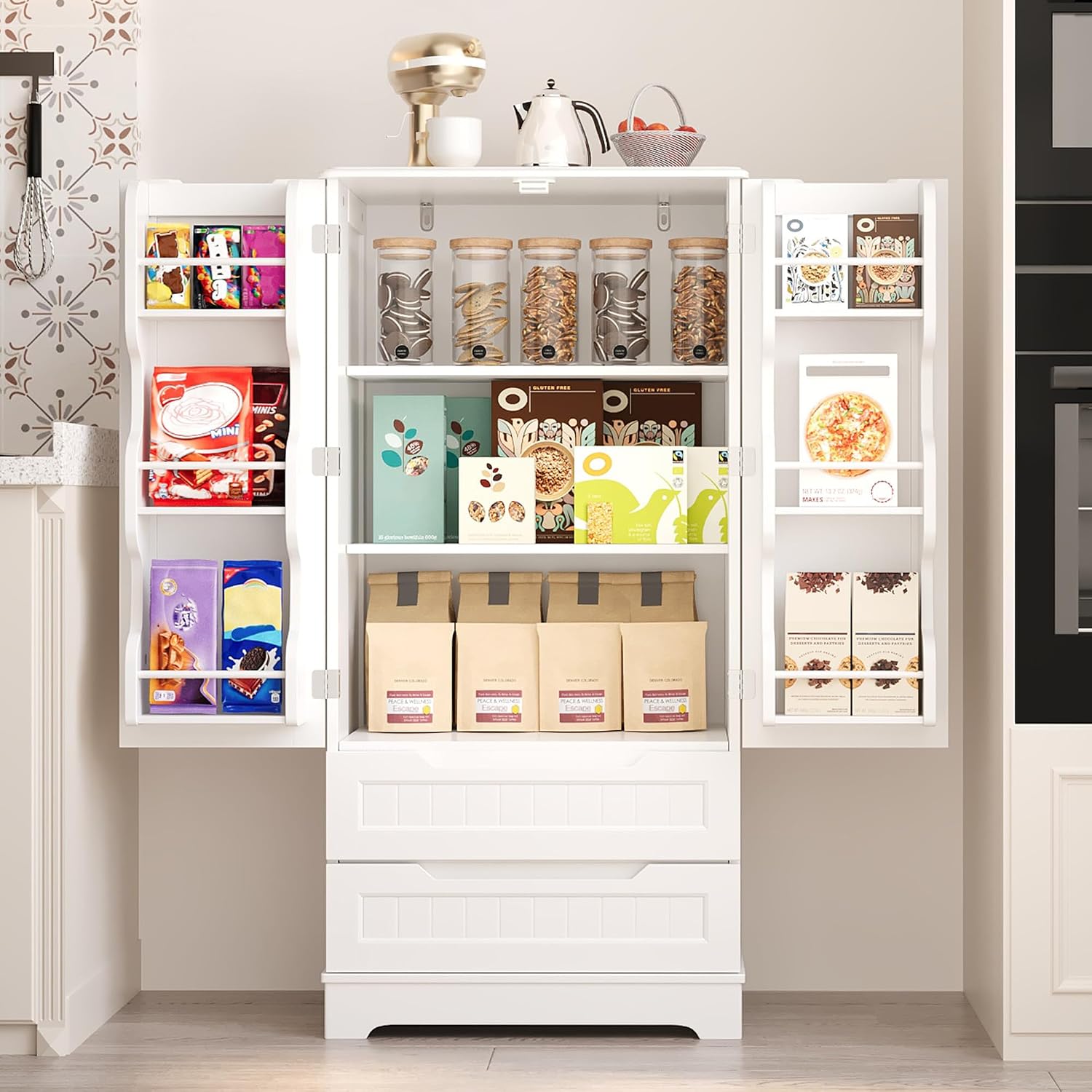 Gizoon Kitchen Pantry Cabinet With Drawers For Dining Room, 47" Small Food Pantry Storage Cabinet With 6 Door Shelves For Snack And Spice, Craft Storage Cabinet For Craft Room, White, Painted