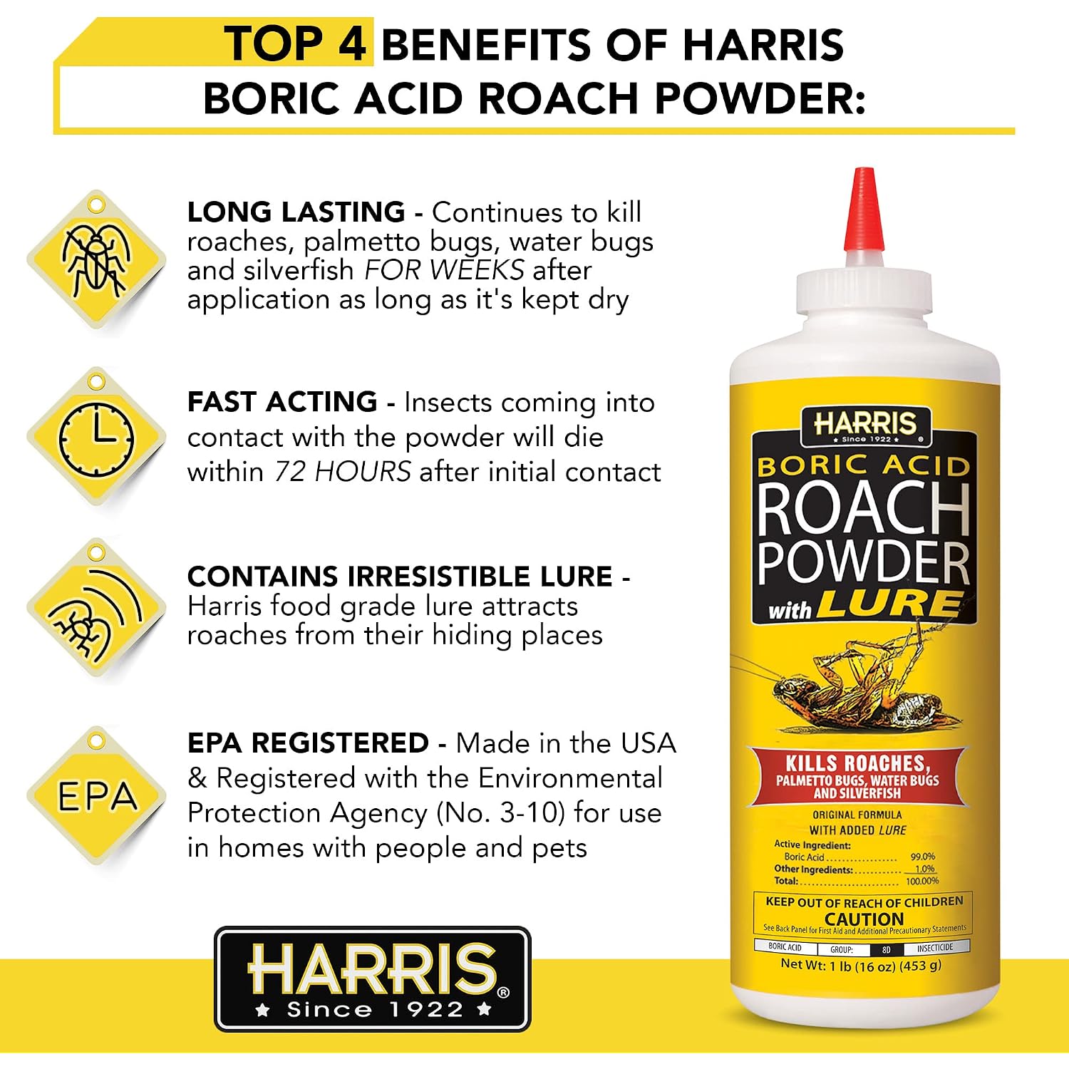 Harris Boric Acid Roach And Silverfish Killer Powder W/Lure For Insects (16Oz)