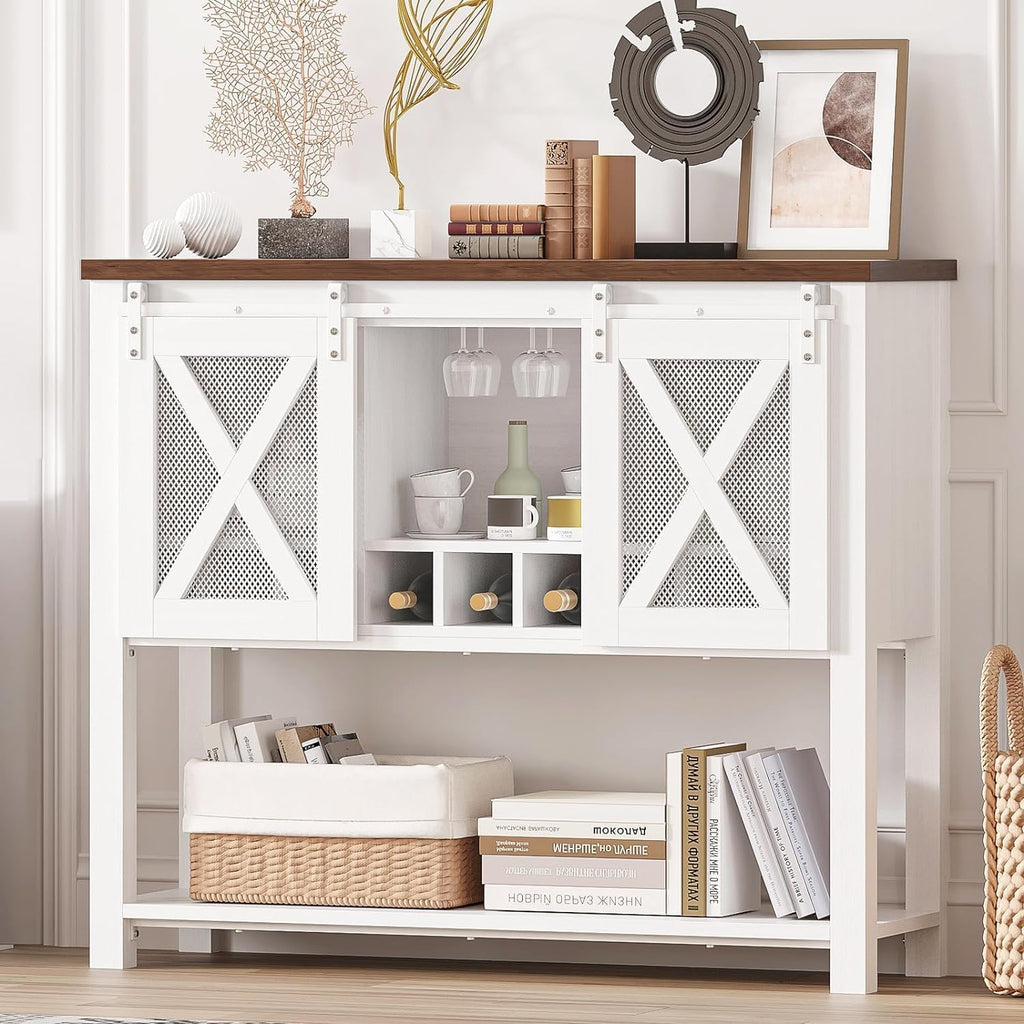 47" Farmhouse Coffee Bar Cabinet With Storage, Sideboard Buffet Table With Wine Rack And Sliding Barn Door, Liquor Cabinet For Kitchen Dining Room, White