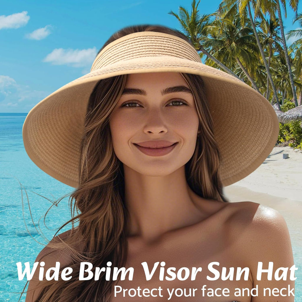 NPQQUAN Sun Visor Hats for Women Wide Brim Ponytail Straw Beach Hat Packable Foldable UPF 50+ Floppy Travel Hats