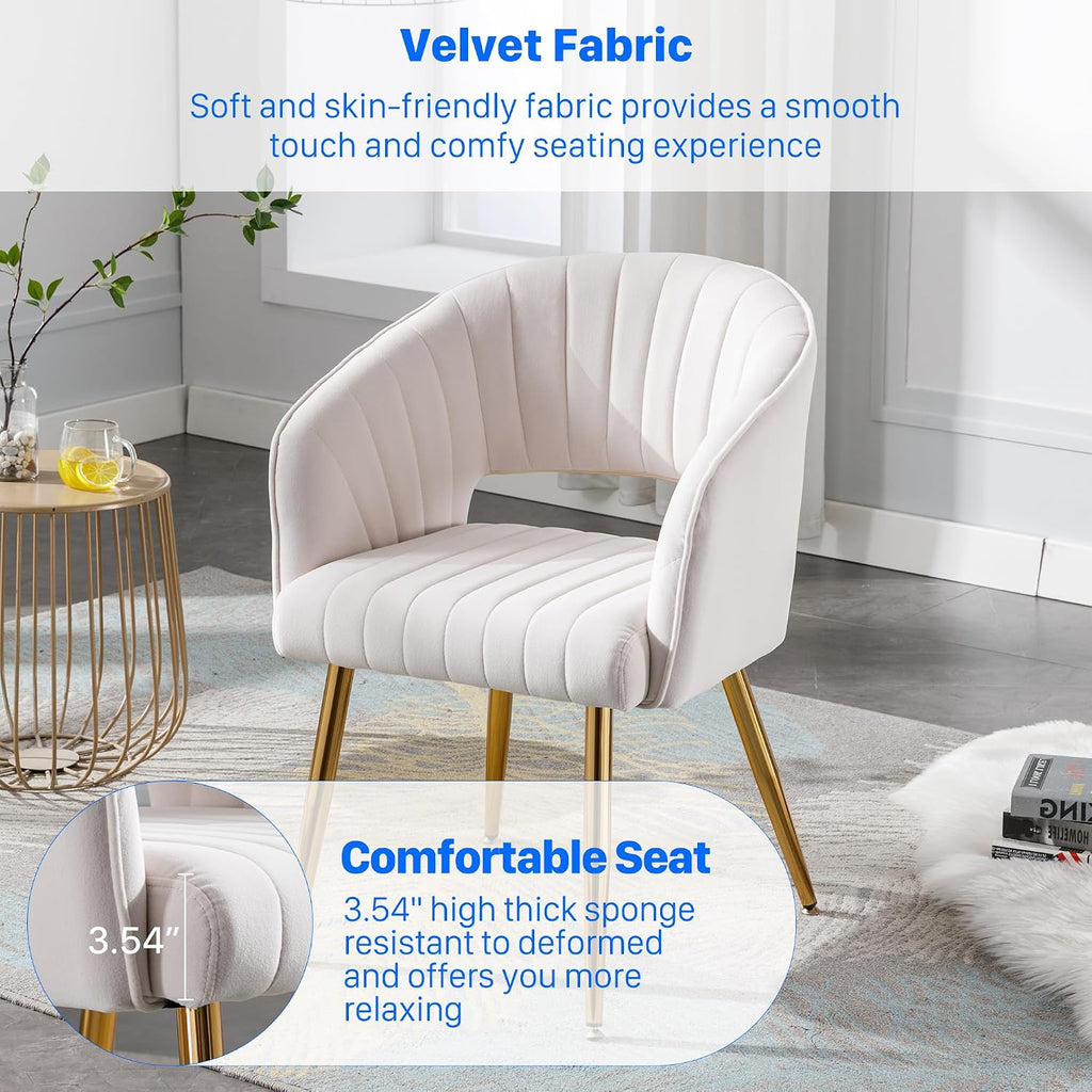 Modern Velvet Desk Chair Accent Armchair Upholstered Tufted Chairs Dining Chairs, Tufted Vanity Chair Side Chairs With Gold Metal Legs For Dining Room Living Room Restaurant,1 Pc &Cream