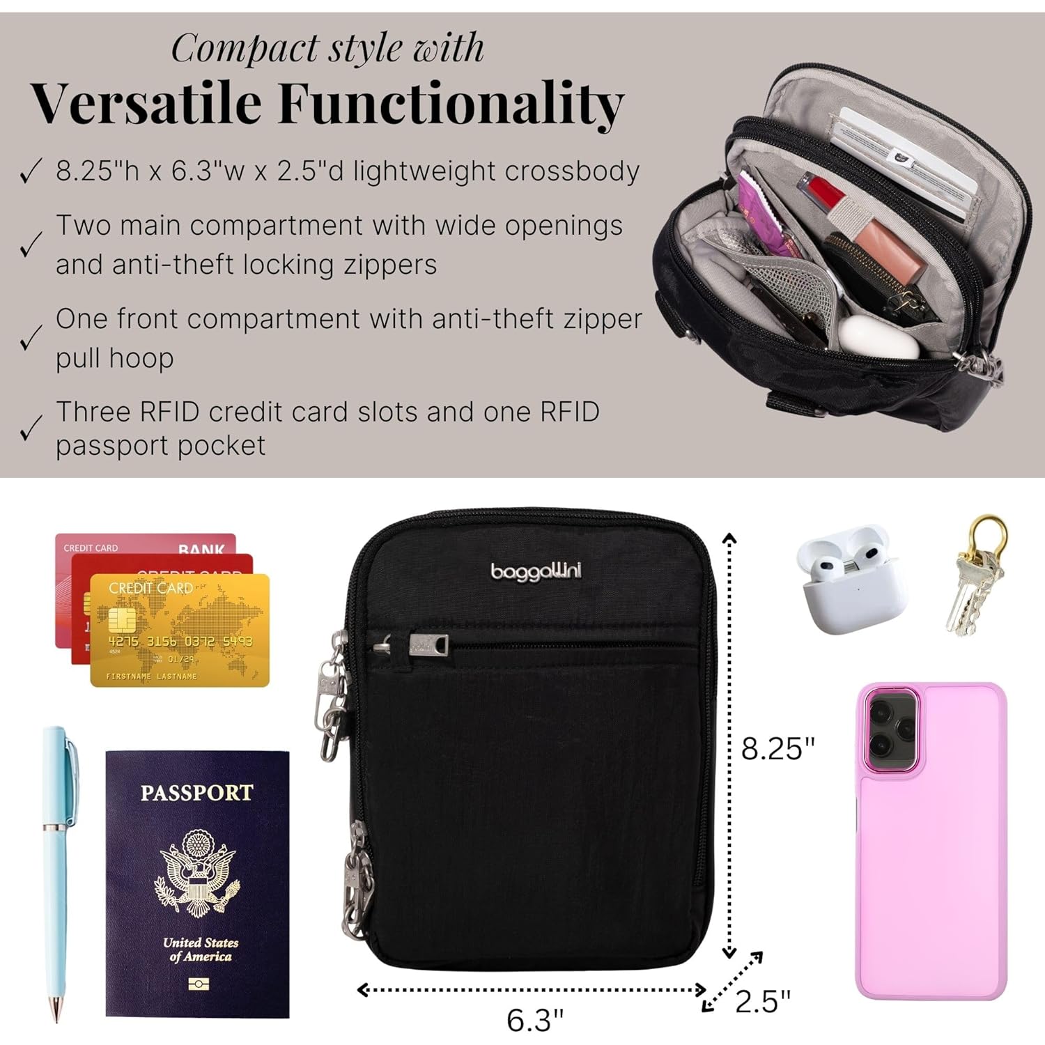 Baggallini Securtex® Anti-theft Mini Everything Crossbody Bag, 6.3"x8.25" Rfid, Locking Zippers & Cut-resistant Strap