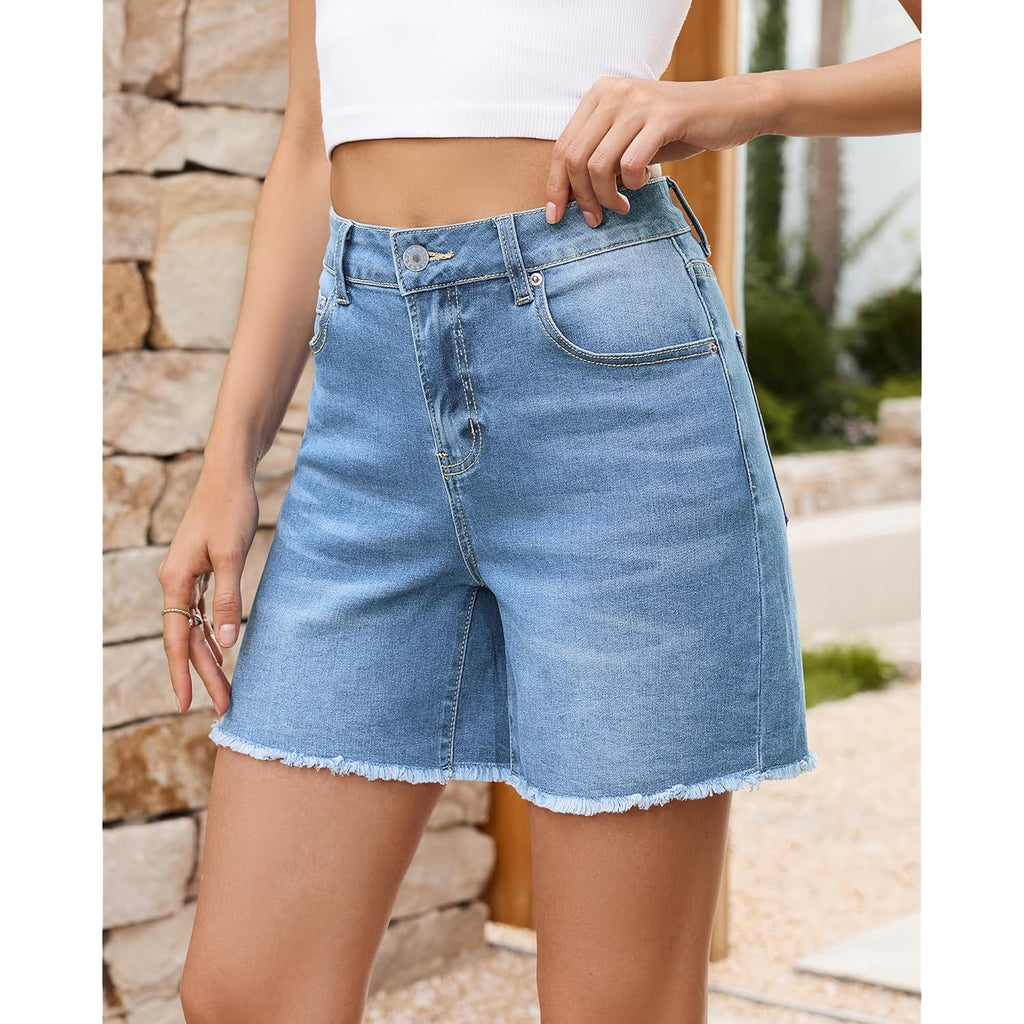 Jean Shorts for Women Trendy High Waisted Raw Hem Mid Thigh Stretch Denim Shorts Cutoff 2026 Casual Summer Jorts