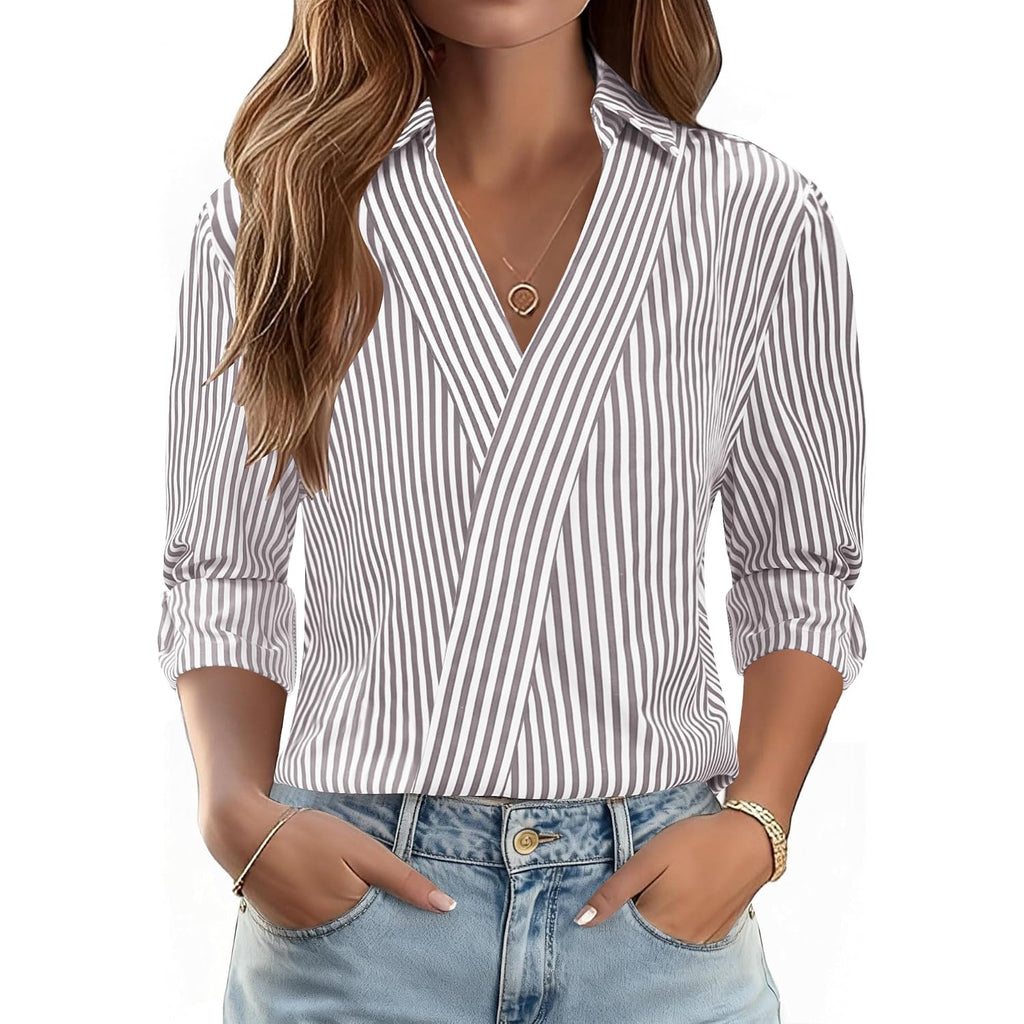 Lomon 3/4 Length Sleeve Womens Tops Dressy V Neck Collared Shirts Trendy Business Casual Work Blouses Vacation Outfits 2026