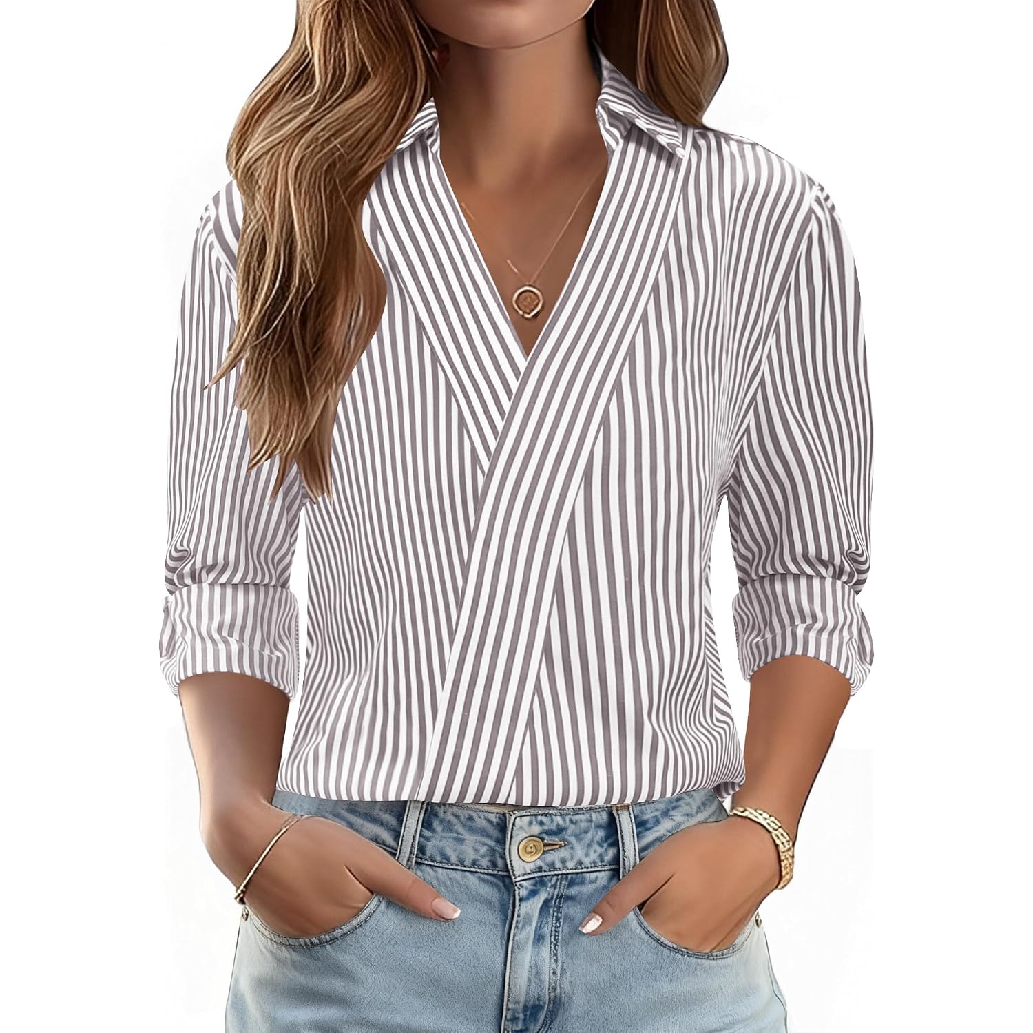 Lomon 3/4 Length Sleeve Womens Tops Dressy V Neck Collared Shirts Trendy Business Casual Work Blouses Vacation Outfits 2026