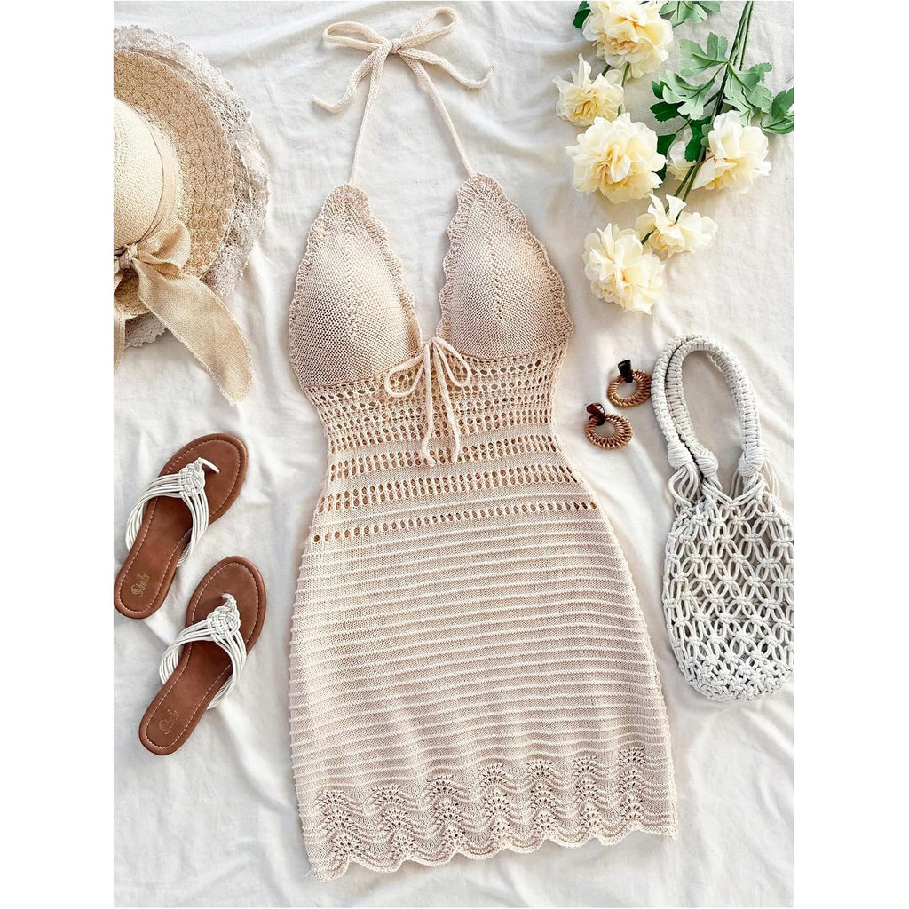 Gorglitter Women'S Crochet Halter Mini Dress Boho 90S Bow Tie Backless Bodycon Knit Festival Western Cowgirl Country Dresses