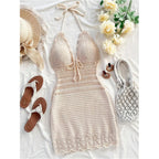 Gorglitter Women'S Crochet Halter Mini Dress Boho 90S Bow Tie Backless Bodycon Knit Festival Western Cowgirl Country Dresses