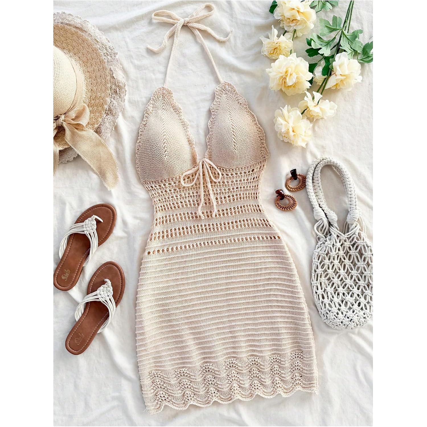 Gorglitter Women'S Crochet Halter Mini Dress Boho 90S Bow Tie Backless Bodycon Knit Festival Western Cowgirl Country Dresses
