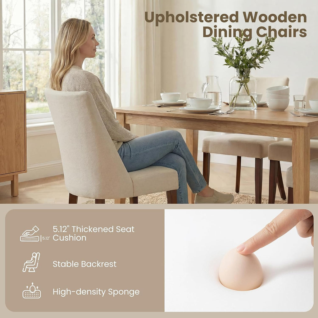 Wooden Dining Chairs Set Of 4, Upholstered Farmhouse Fabric Dining Room Chair, Mid Century Kitchen Chair For Restaurant & Cafe, Beige