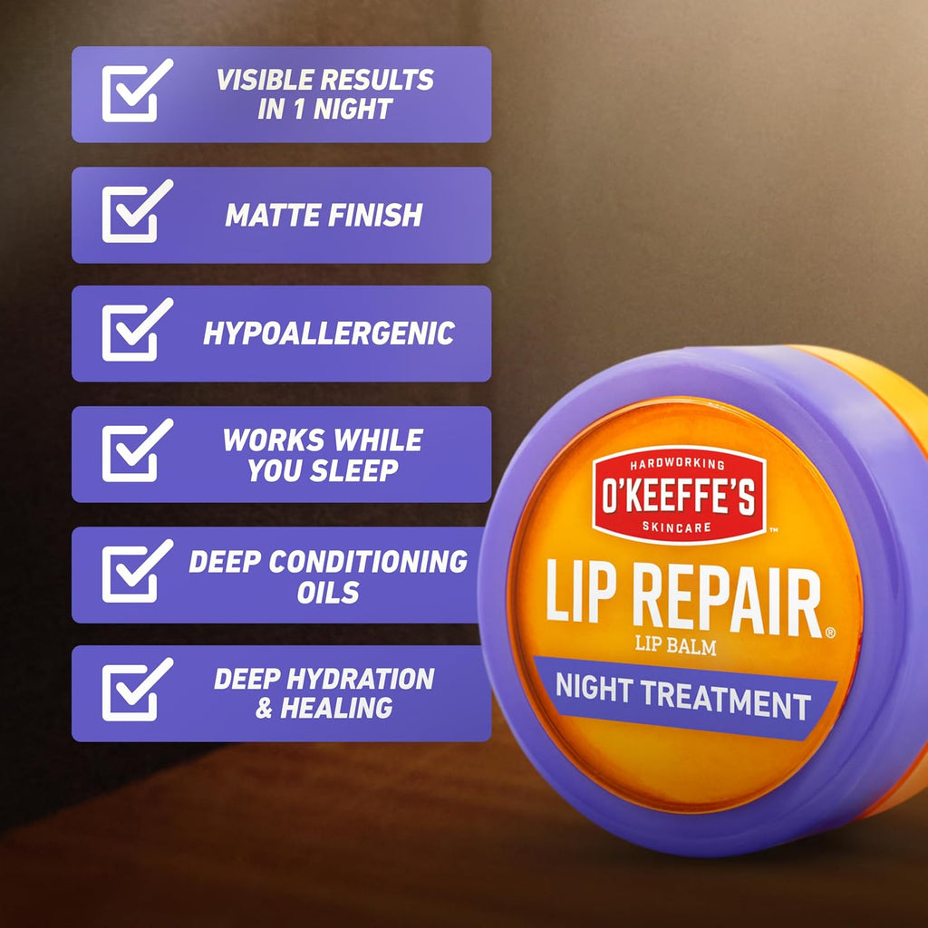 O'Keeffe'S Lip Repair Night Treatment Lip Balm For Dry, Cracked Lips - 0.25 Ounce Jar (1 Pack) - Moisturizer Extremely Cracked, Dry Lips