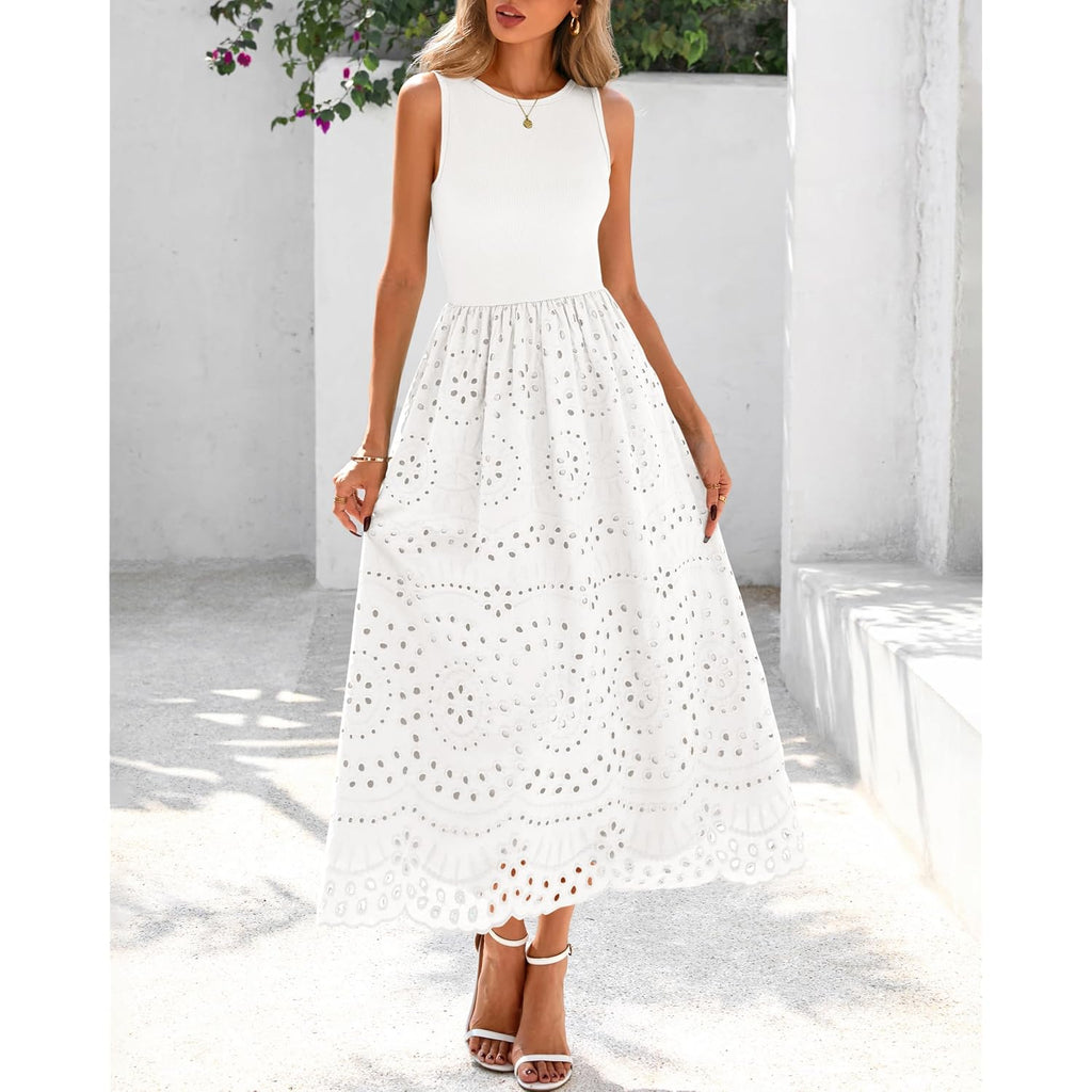 Dowerme Women Summer Dresses 2026 Casual Sleeveless Crewneck A-Line Boho Lace Eyelet Cotton Tank Maxi Dress With Pockets