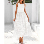 Dowerme Women Summer Dresses 2026 Casual Sleeveless Crewneck A-Line Boho Lace Eyelet Cotton Tank Maxi Dress With Pockets