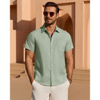 Mens Linen Shirt Short Sleeve Wrinkle Free Casual Untucked Button Down Shirts Beach Breathable Tops Summer