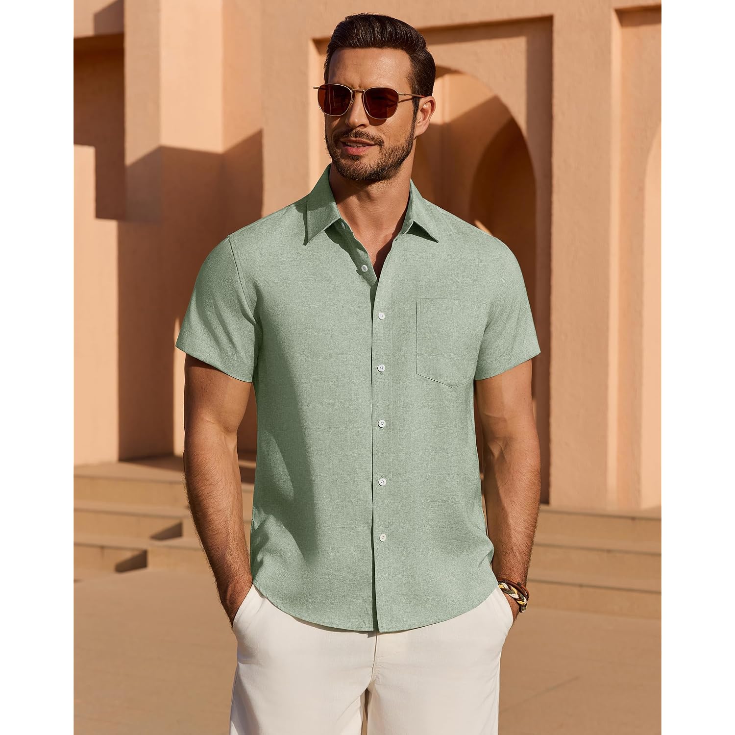 Mens Linen Shirt Short Sleeve Wrinkle Free Casual Untucked Button Down Shirts Beach Breathable Tops Summer