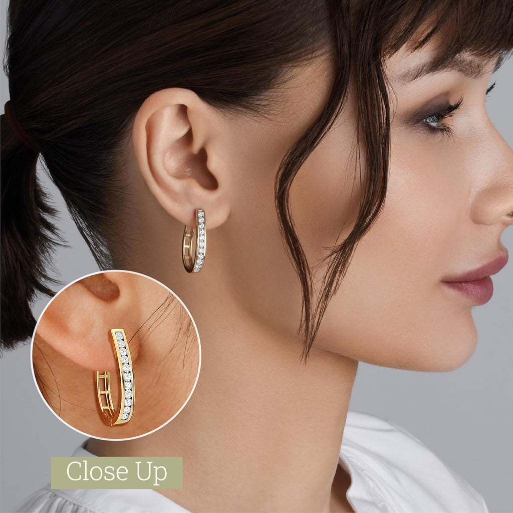 Gilded Lab-Grown Diamond Channel Set Hoop Earrings for Women in 925 Sterling Silver and 14KT Yellow Gold Plated Silver | Hypoallergenic Fine Jewelry | Hinged Closure | SI1 Clarity, F Color |1/4,1/2, 1 Carat Total Weight