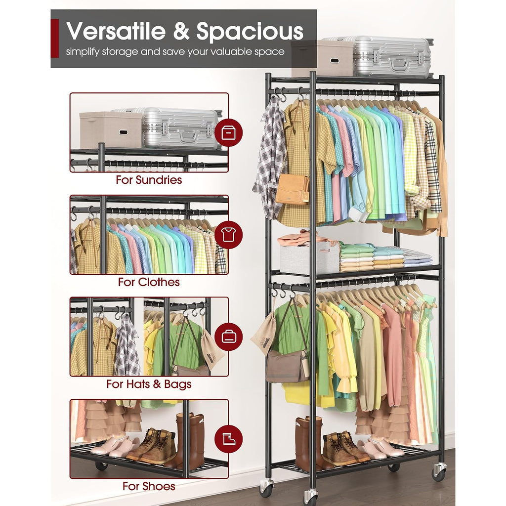 Clothes Rack - 33.0" X 12.2" X 79.5" Clothing Rack With Shelves & Wheels, Multi-Functional Wardrobe Closet With Hooks, Sturdy Metal Garment Rack For Bedroom, Laundry, Balcony (Black)