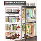 Clothes Rack - 33.0" X 12.2" X 79.5" Clothing Rack With Shelves & Wheels, Multi-Functional Wardrobe Closet With Hooks, Sturdy Metal Garment Rack For Bedroom, Laundry, Balcony (Black)