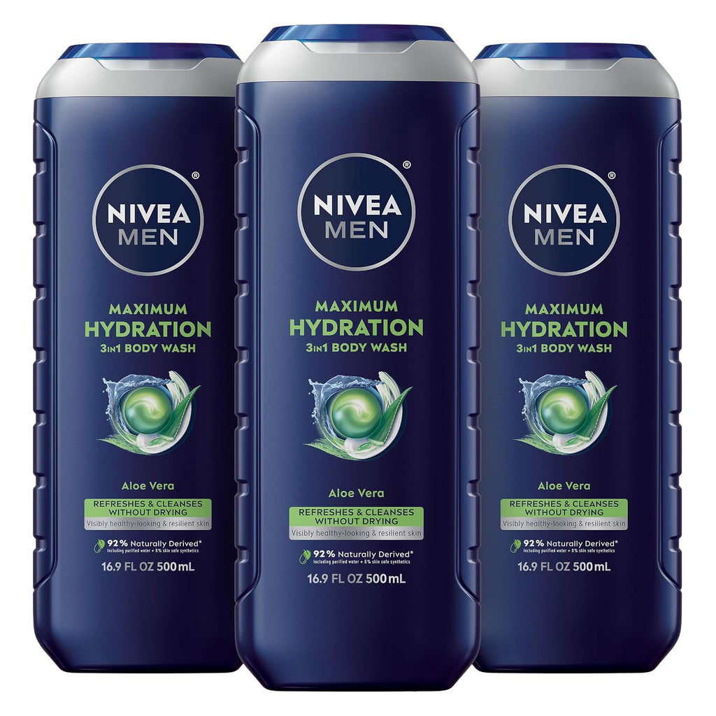 Nivea Men Maximum Hydration Body Wash For Dry Skin, Aloe Vera Enriched, 3-In-1 Moisturizing Body Wash, Face And Hair, Paraben Free, Vegan Formula, 16.9 Fl Oz Bottle, Pack Of 3