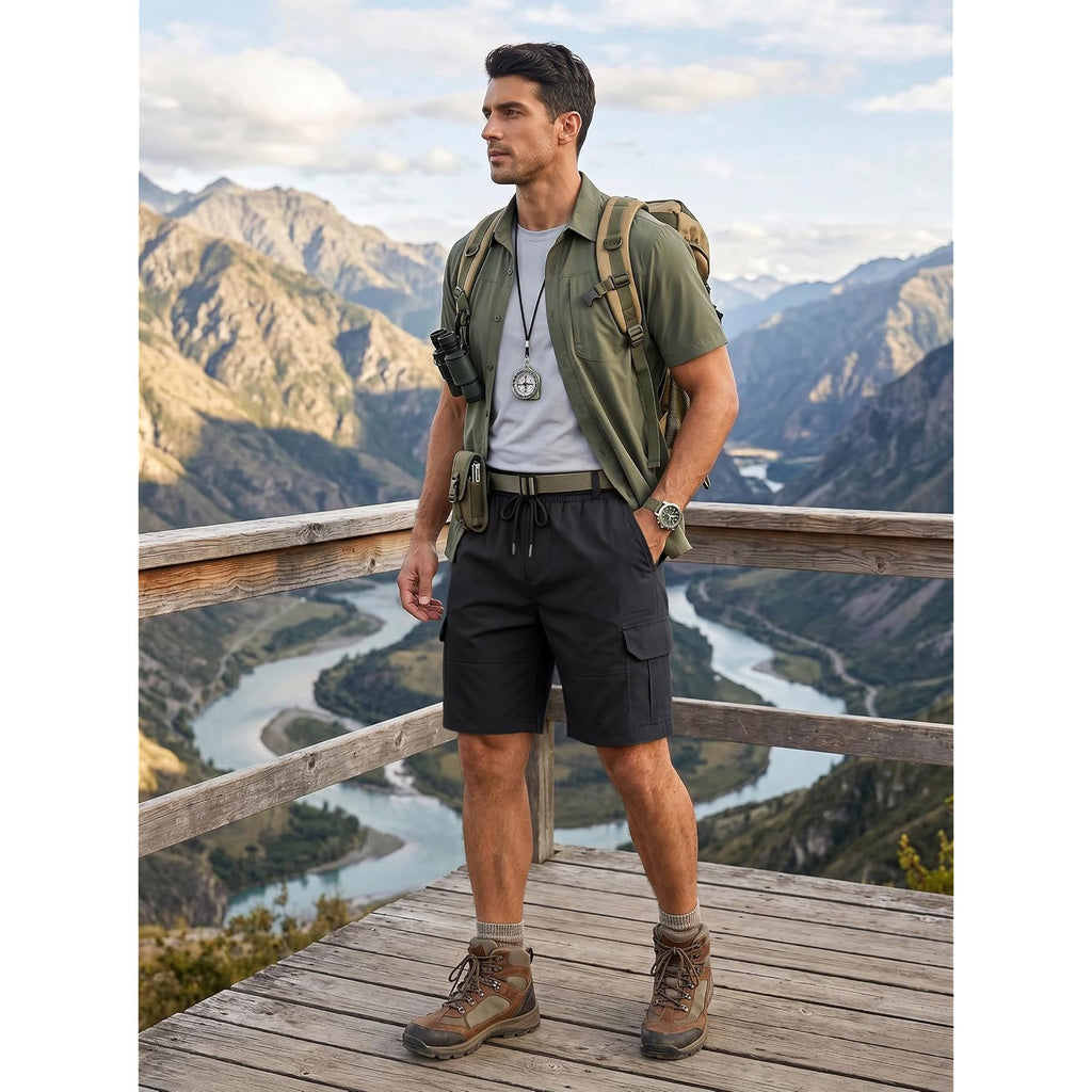 Uni Clau Men'S Elastic Waist Cargo Shorts 6 Pockets Utility Hiking Shorts | Waistband Drawstring，Casual Beach Shorts,Summer Lightweight Athletic Work ,Multi Functional Shorts,Machine Washed