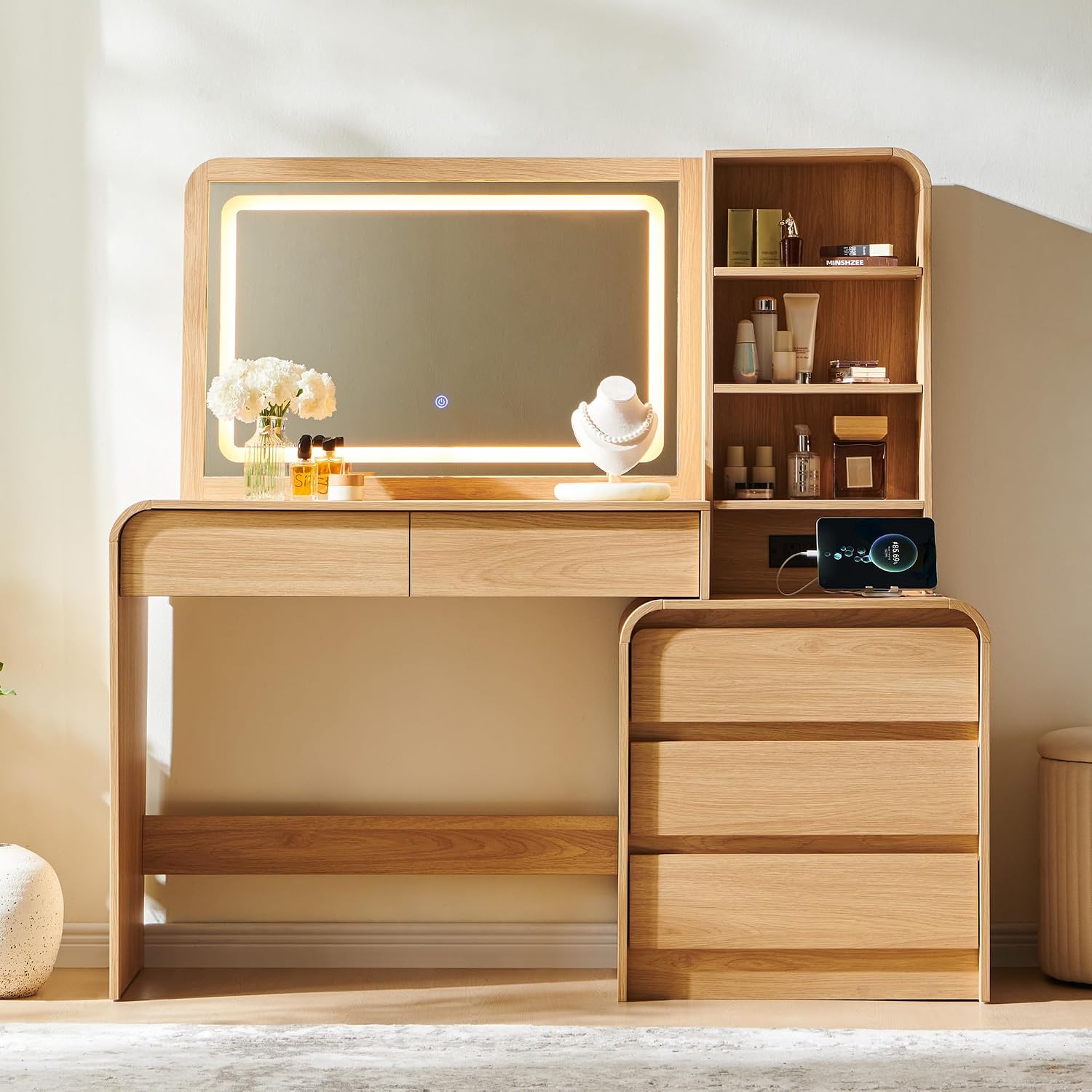 Aitjunz Vanity Desk With Mirror And Lights, 50” Modren Makeup Vanity With 35.43" Mirror And 5 Drawers, Makeup Table With Charging Station For Women And Girls, Bedroom (Natural)