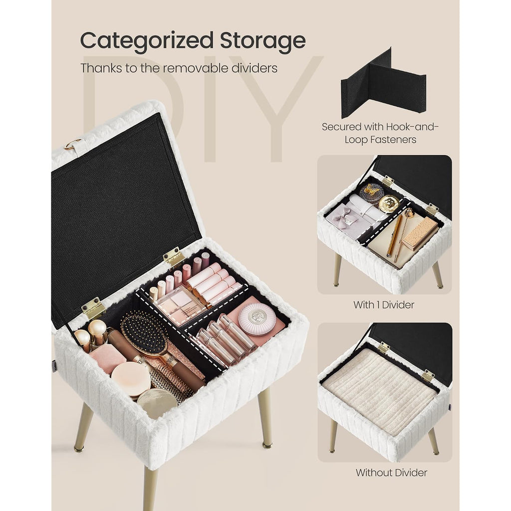 Songmics Vanity Stool Chair Faux Fur With Storage, Vanity Bench, Metal Legs, Adjustable Feet, For Living Room, Bedroom, Makeup Room, Cream White Ulom505Wz02