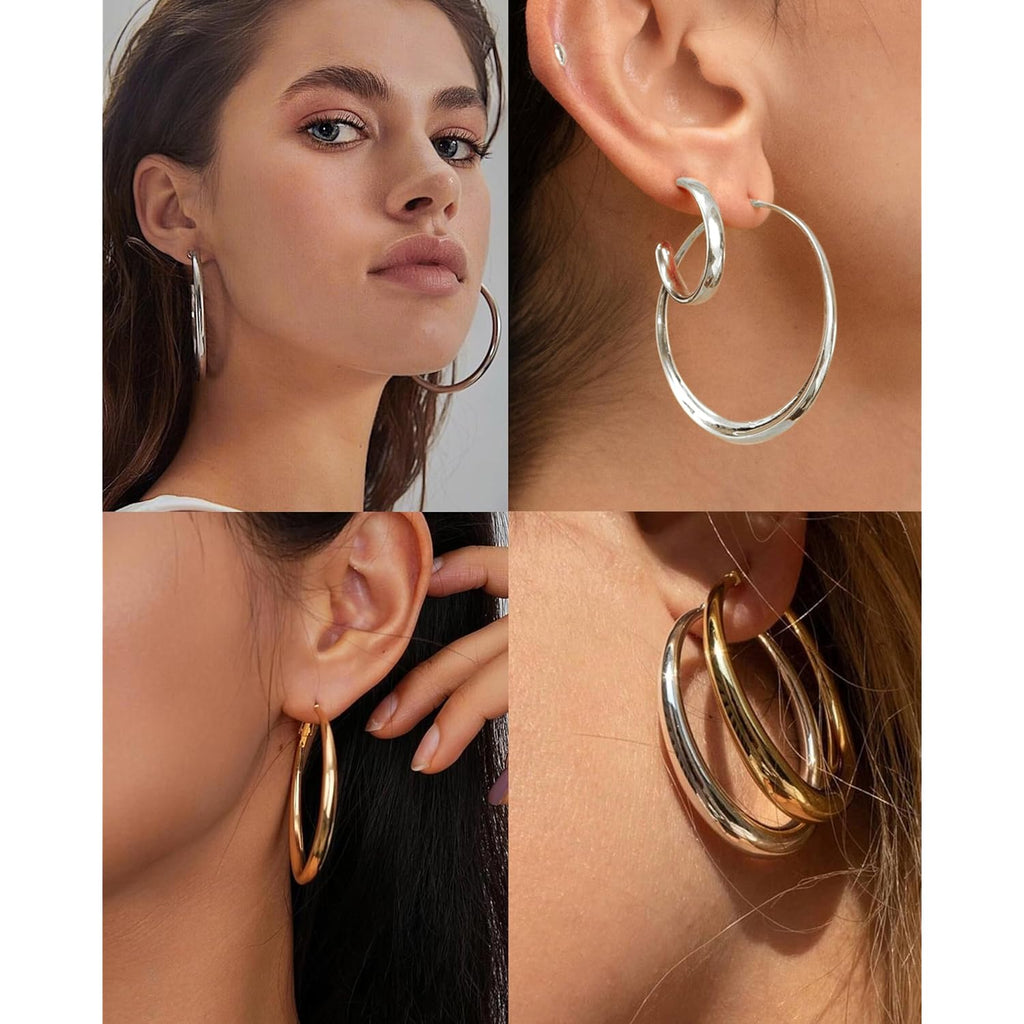 Silver Hoops Earrings for Women Hypoallergenic 925 Sterling Silver 14K Gold Plated Hoop Earrings Lightweight Large Thick Hollow Tube Hoop Earrings 30/40/50/60MM