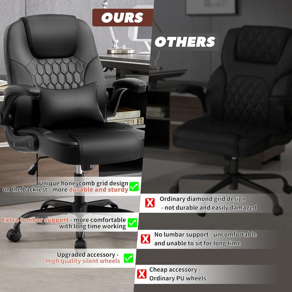 Executive Office Chair Pu,Leather Office Chair With Wheels,360° Swivel Rolling Chair With Padded Arms,Ergonomic Computer Chair With Lumbar Support For Short People Use(Black)
