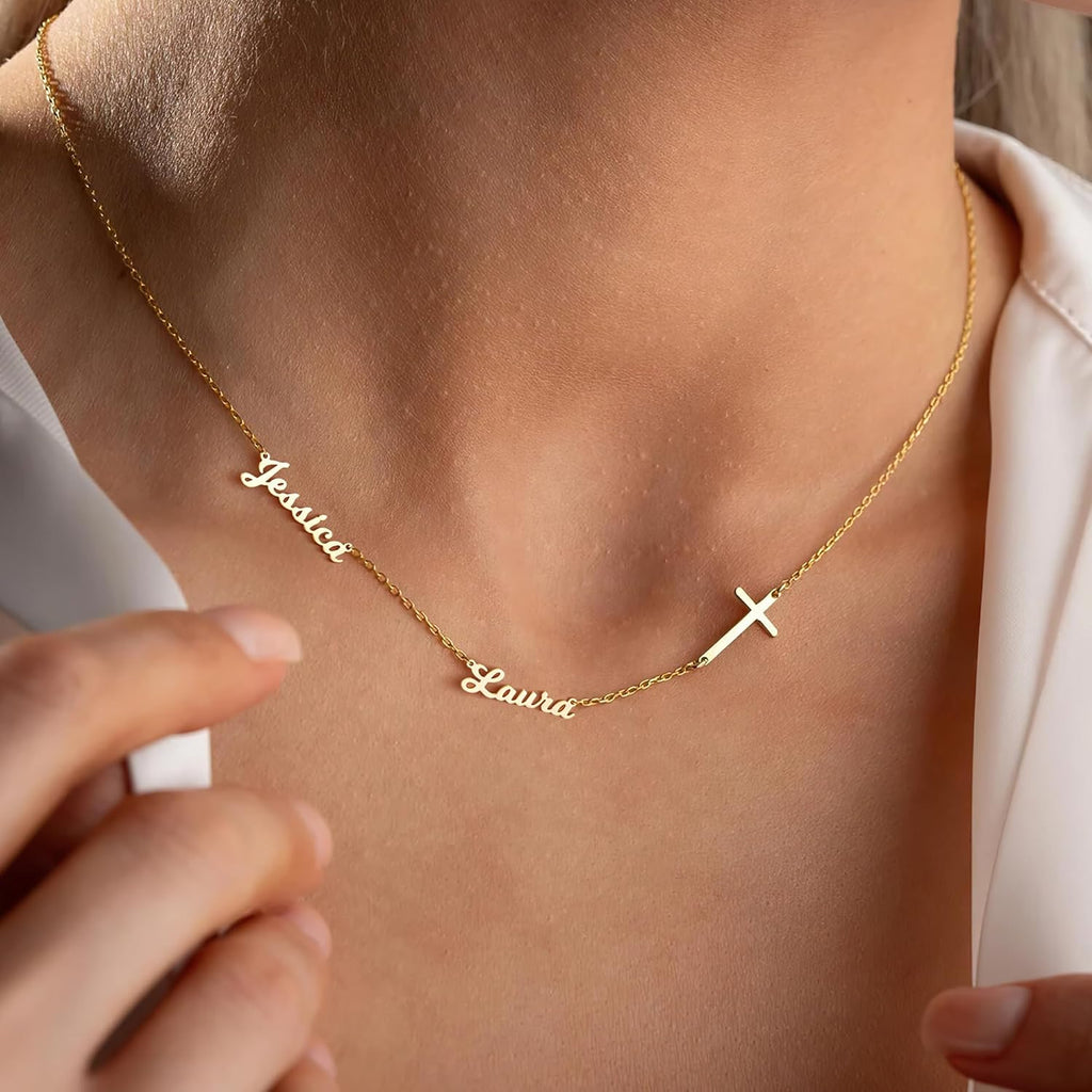 Elemtansy Mothers Day Custom Name Necklace with 1-3 Tiny Names - 18K Gold-Plated Family Necklace Personalized with Heart, Cross, Paw Print - Birthday Jewelry Gifts for Mom, Wife