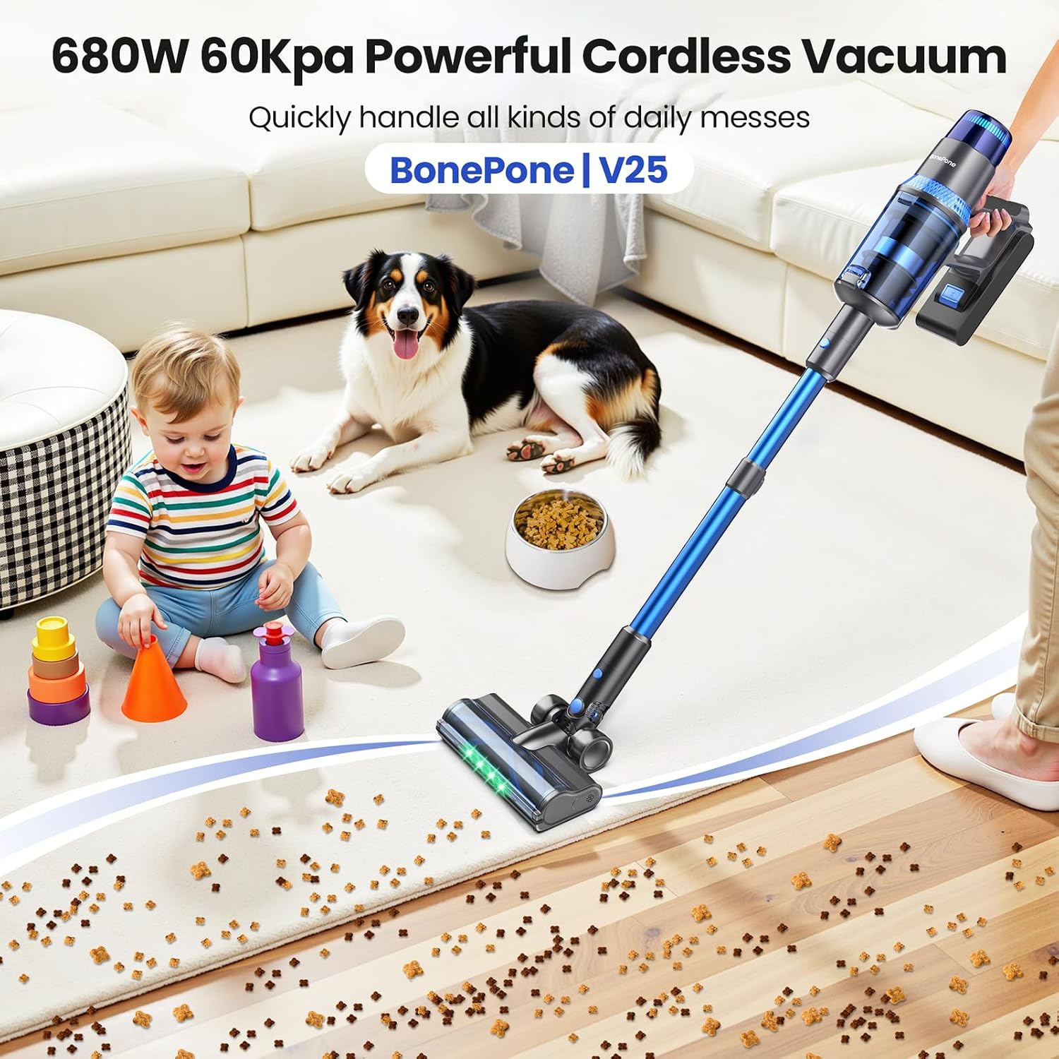 V25 Cordless Vacuum Cleaner, 680W 60Kpa Powerful Stick Vacuum With Dust Sensor, Digital Display, 4000Mah Rechargeable Battery Up To 60Mins, Versatile For Pet Hair, Floor, Carpet (Cobalt)