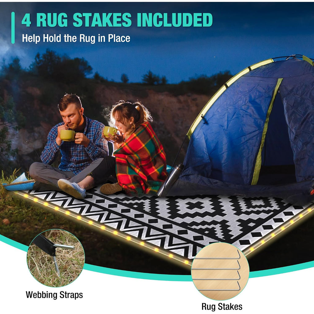 Haushof 5' X 8' Outdoor Rug With Led Strip Light, Waterproof Patio Mat | Waterproof Surface, Easy-Clean Design, Reversible Double-Sided Use, Rv Camping Beach Porch Balcony Use