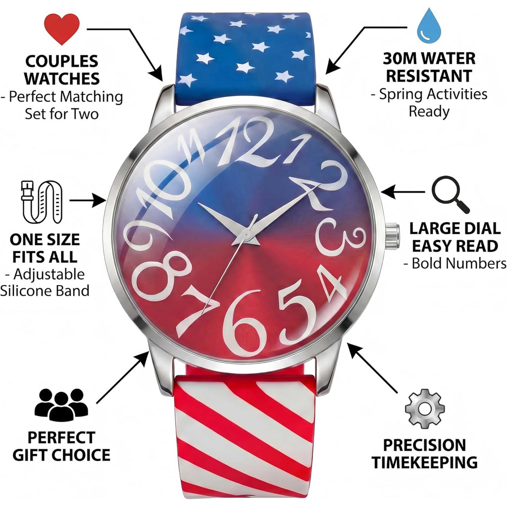 Watches For Women Men, Red Blue Silicone Strap, Large Face Big Number | Easy To Read, Fashion Quartz Analog, 30M Water Resistant