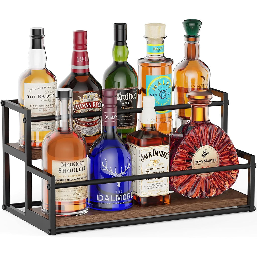 Thygiftree Liquor Bottle Display Shelf, 2 Tier Coffee Syrup Rack Organizer & Bar Shelf Stand For Liquor, Whiskey, Olive Oil, Kitchen Counter & Home Bar Storage