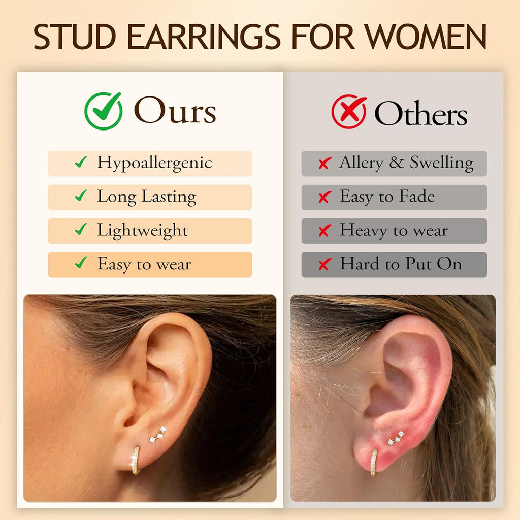 Turandoss 7 Pairs Gold Earrings for Women - Hypoallergenic 14K Gold Plated Stud & Hoop Cartilage Earring Sets Lightweight Helix Lobe Tragus Conch Earrings for Women