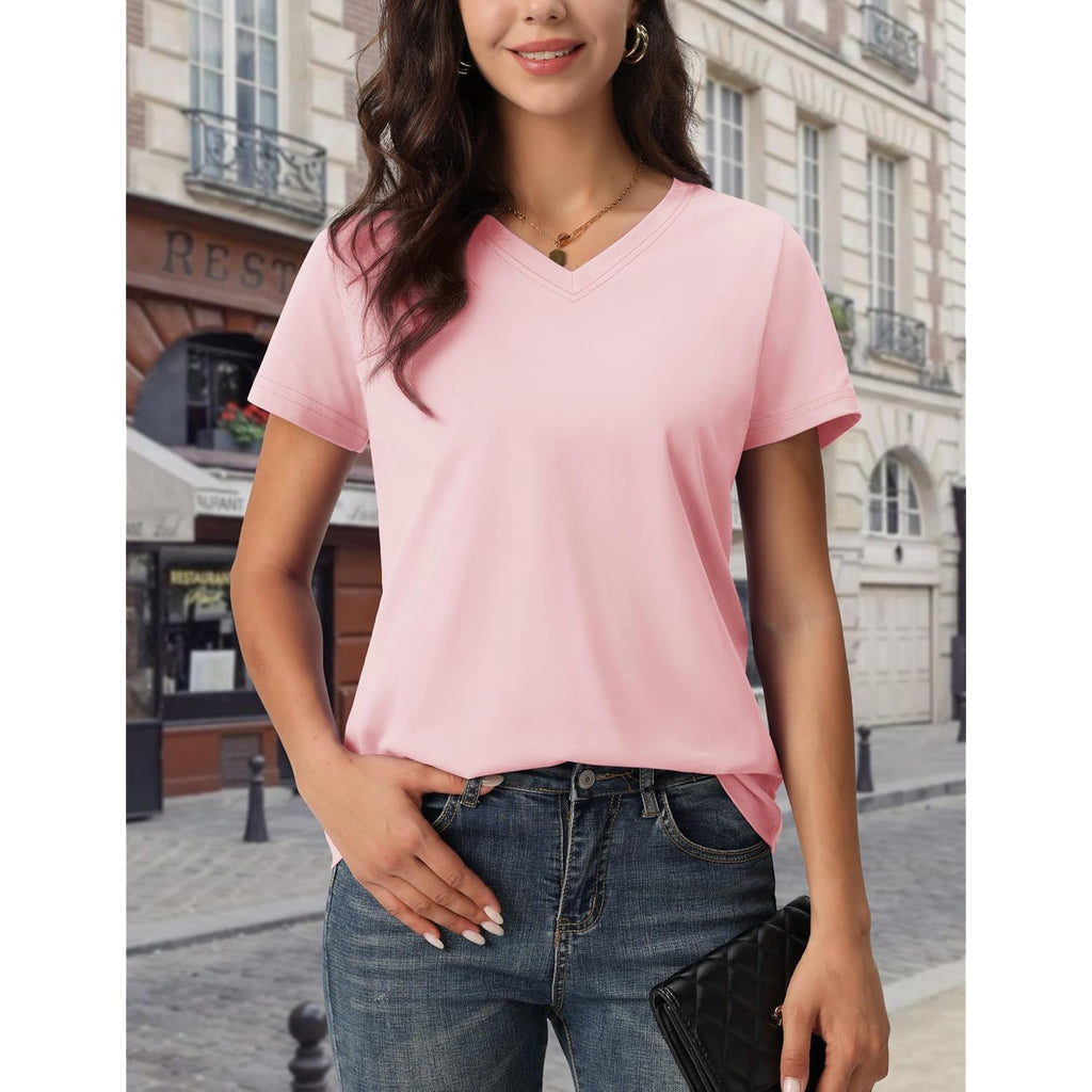 MAGCOMSEN Women's Cotton T Shirt V-Neck Short Sleeve Shirt Classic-Fit Casual Breathable Tee Summer Basic Tops