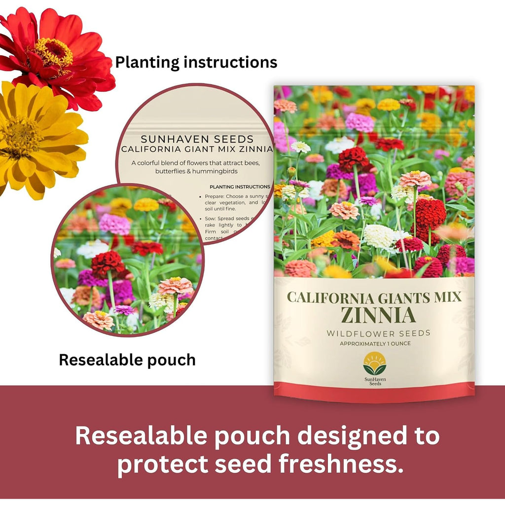 Zinnia Seeds – California Giants Mix – 4,000+ Seeds – 1 Oz Bulk Extra Large Resealable Packet – Premium Heirloom Zinnia Elegans Seeds With Giant Blooms In Vibrant Colors