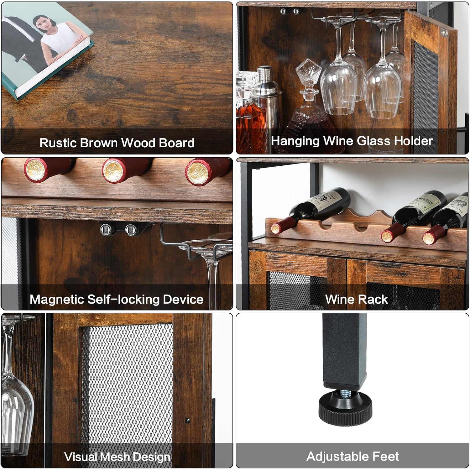 X-Cosrack Wine Bar Rack Cabinet With Detachable Wine Rack, Coffee Barwith Glass Holder, Small Sideboard And Buffet Cabinet With Mesh Door, Rustic Brown(Patent Pending)