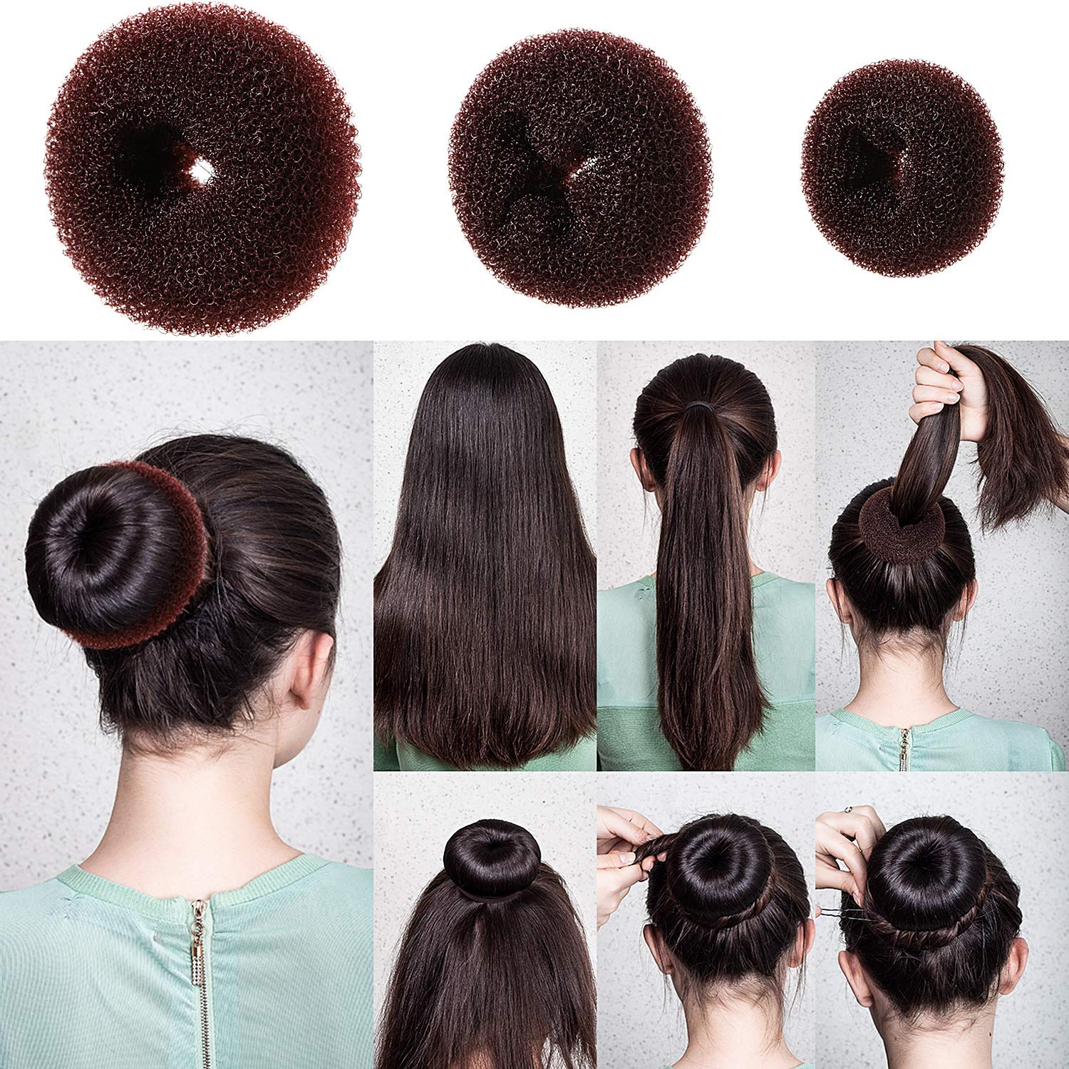 Willbond Hair Bun Shaper Set, 3 Pcs Hair Donut, 2 Pcs Bun Marker, 4 Pieces Ponytail Tool, 10 Pieces Bobby Pins And 2 Elastic Bands, Hairs Styling Accessories Maker Kit For Women(Brown）