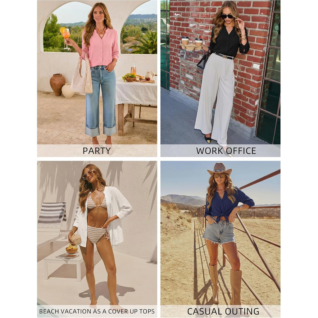 Button Down Up Dress 3/4 Sleeve Shirt Women Dressy Business Casual Professional Blouse V Neck Work Tops 2026 Trendy