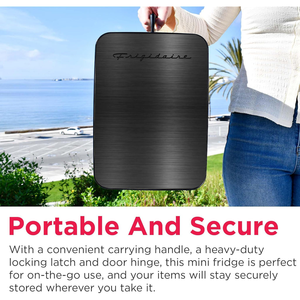 Frigidaire Mini Personal Fridge Cooler, Countertop, Holds Up to 10L/15 Cans, Brushed Black Stainless Rugged Design, Portable for Skincare, Makeup, Car, Office, Bedroom, Dorm Room, or Cabin