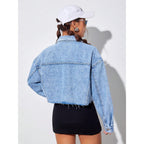 Makemechic Women'S Casual Long Sleeve Raw Hem Jean Jacket Button Down Crop Denim Jacket