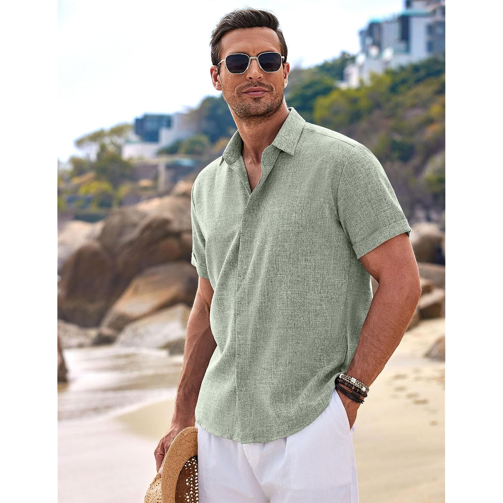 Coofandy Men'S Linen Shirts Short Sleeve Casual Shirts Button Down Shirt For Men Beach Summer Wedding Shirt