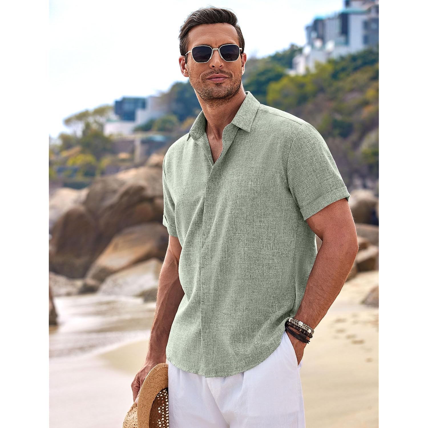 Coofandy Men'S Linen Shirts Short Sleeve Casual Shirts Button Down Shirt For Men Beach Summer Wedding Shirt