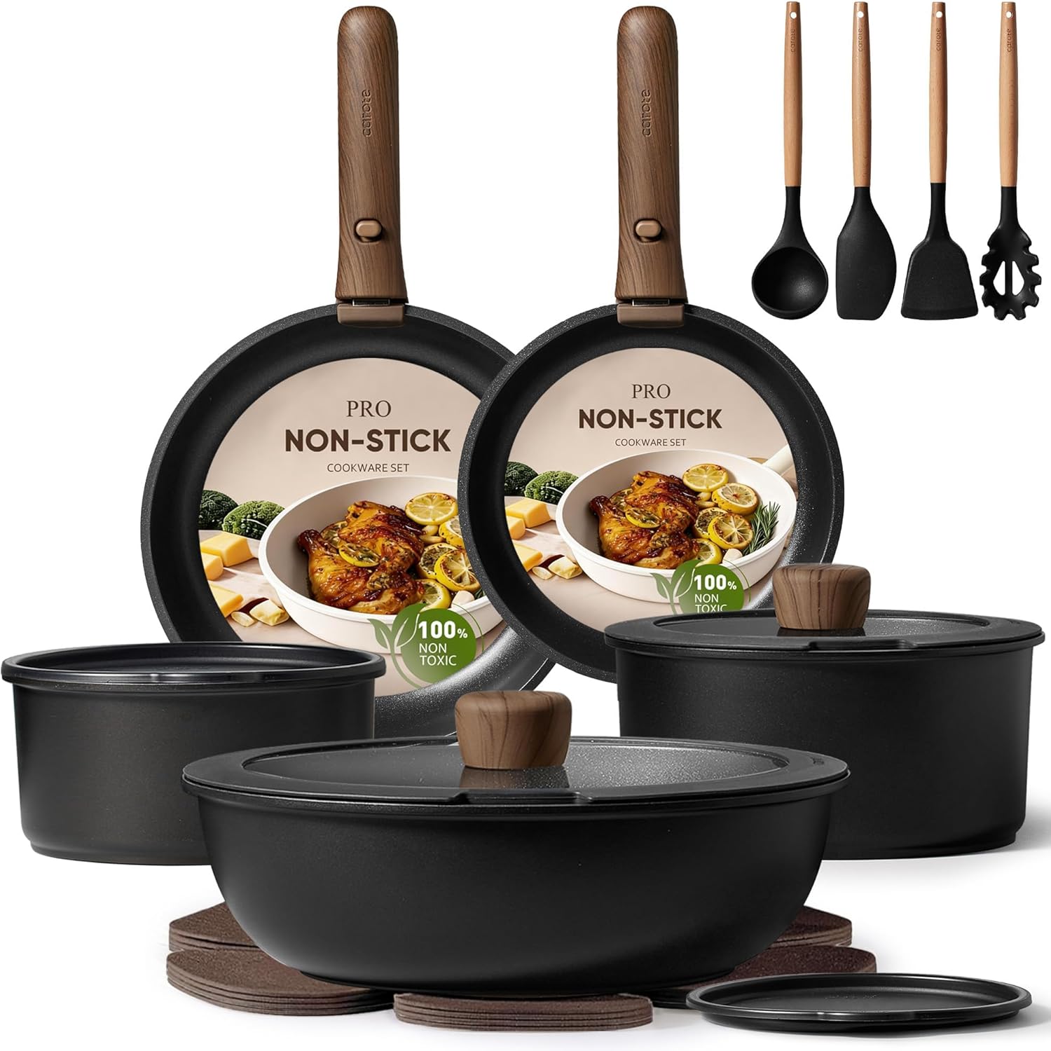 CAROTE 19pcs Pots and Pans Non Stick, Cookware Sets Detachable Handle, Induction Kitchen Pots and Pans,NonStick Cooking Set, Oven/Dishwasher/Fridge Safe, Space Saving